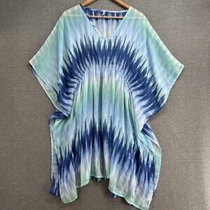 Blue Star Swimsuit Cover Up Kaftan Top Womens OSFM One Size Blue Green Tie Dye